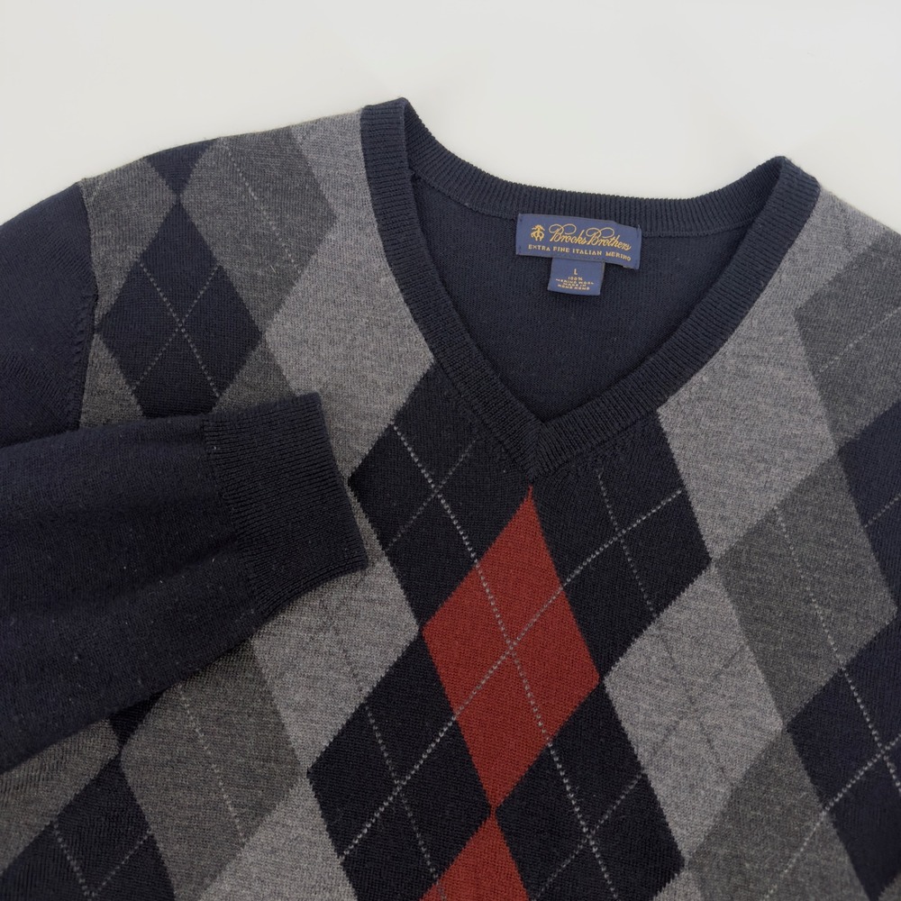 Brooks Brothers Mens Large V Neck Argyle Sweater Extra Fine Italian Merino Wool